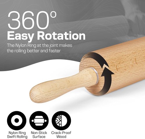 Classic Beech Wood Rolling Pin by [Brand Name] - 17.6 Inch Ergonomic Dough Roller for Baking Pizza, Pastry, and Cookies