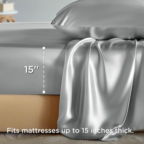 Bedsure Satin Sheets - Silver Grey Bundle with Comforter & Duvet Insert - Luxurious Bedding Set