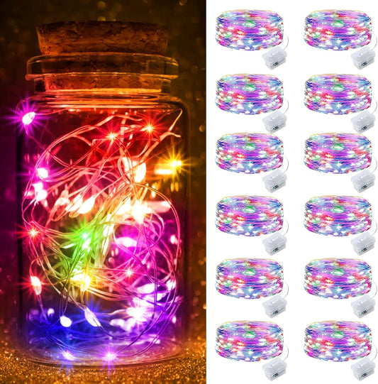 Skiennix 12 Pack Multi-Colored Fairy Lights - Battery Operated, 3 Modes, 7FT Waterproof String Lights for Mason Jars, Wedding & Holiday Decor