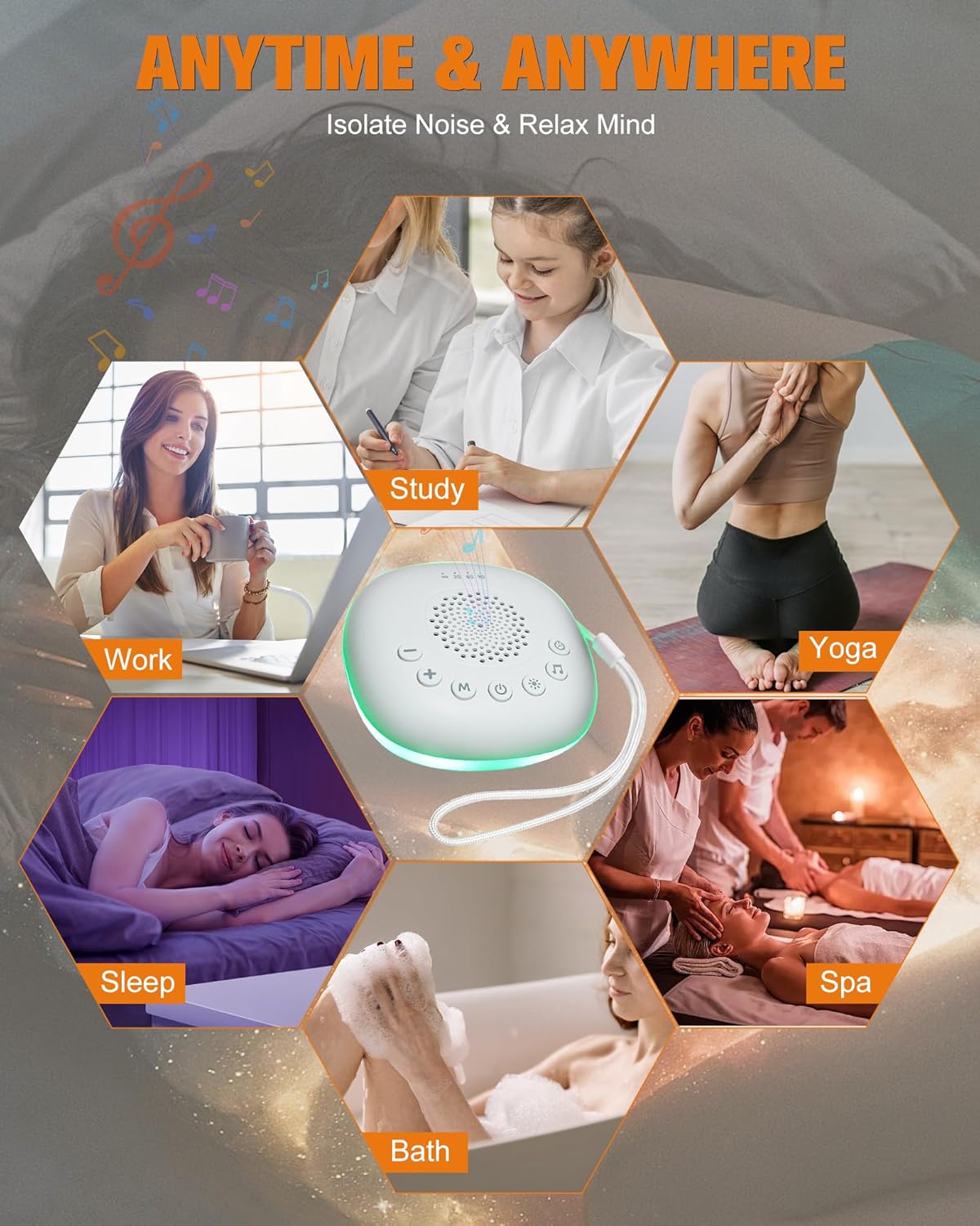 White Noise Sound Machine by [Brand Name] - Portable Sleep Aid with 20 Soothing Sounds & Night Light