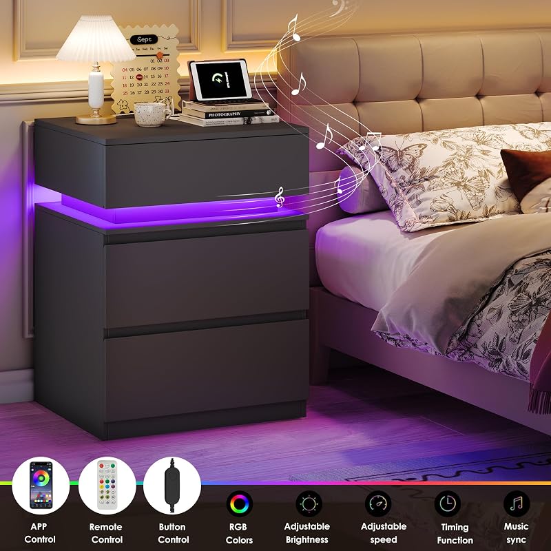 Nightstands Set of 2 with LED Lights, USB Charging Station & App Control, 23.8" Tall – Black+2 Drawers Variation