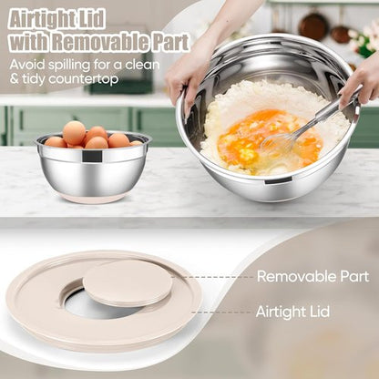 E-far Stainless Steel Mixing Bowls Set - 5-Piece Nesting Bowls with Lids & Grater Attachments | Khaki