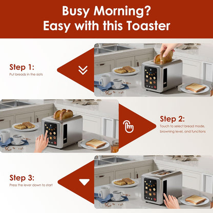 WHALL Touch Screen Toaster - 2 Slice Stainless Steel with Digital Timer & 6 Shade Settings | Extra Wide Slot, Silver