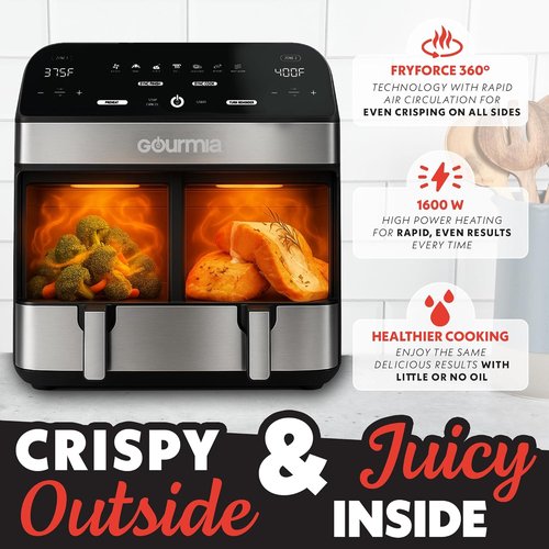 Gourmia Dual Basket Air Fryer - 10 Qt Large Capacity with FryForce360º & 7 Cooking Presets | Black