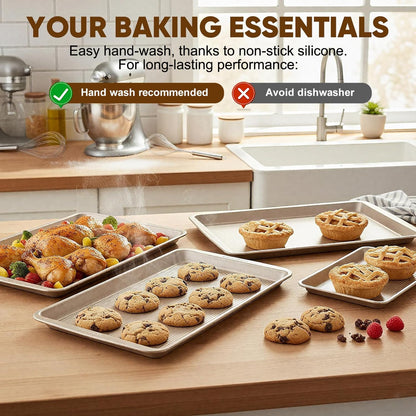 Sakerplus Nonstick Baking Sheet Pan Set - Heavy Duty Cookie Sheets, Rust-Resistant, Easy Clean | 3-Piece Set in Champagne Gold