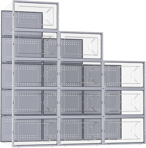Kuject Shoe Storage Box - Large Stackable Organizer for Closet | 12 Pack Grey, Space-Saving Design