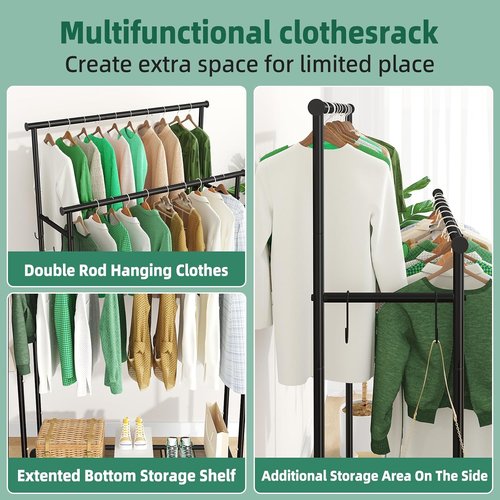 Ekisemio Heavy-Duty Double Rods Clothes Rack - 400 LBS Capacity, 45 Inch Rolling Design, Black