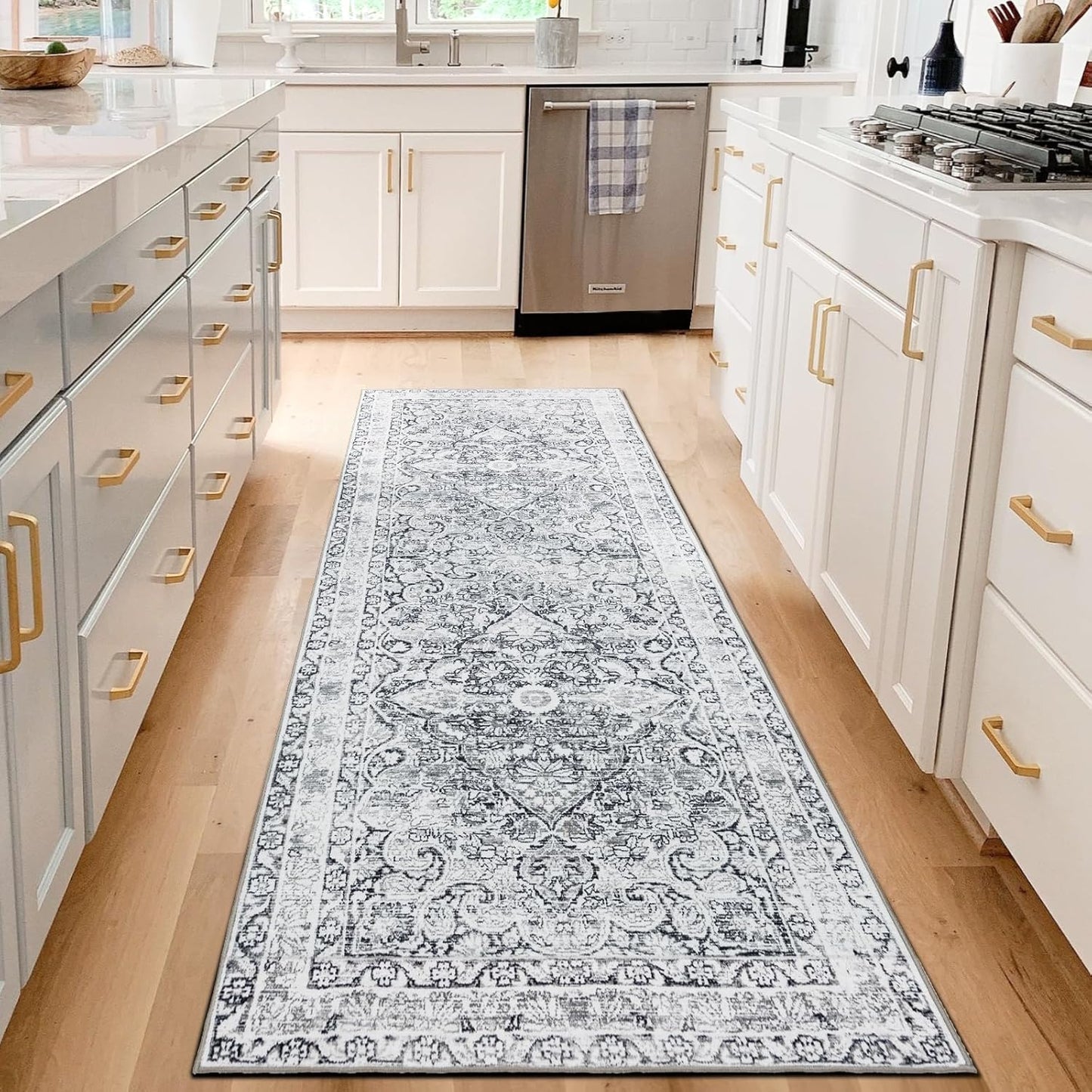 Skiennix Vintage Washable Runner Rug - Soft Non-Slip Farmhouse Mat for Hallway & Kitchen | Gray 2x6 ft