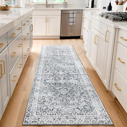 Skiennix Vintage Washable Runner Rug - Soft Non-Slip Farmhouse Mat for Hallway & Kitchen | Gray 2x6 ft
