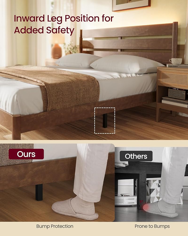 Queen Bed Frame with Headboard Storage & Charging Station - VASAGLE Coffee Brown, 1100 lb Capacity