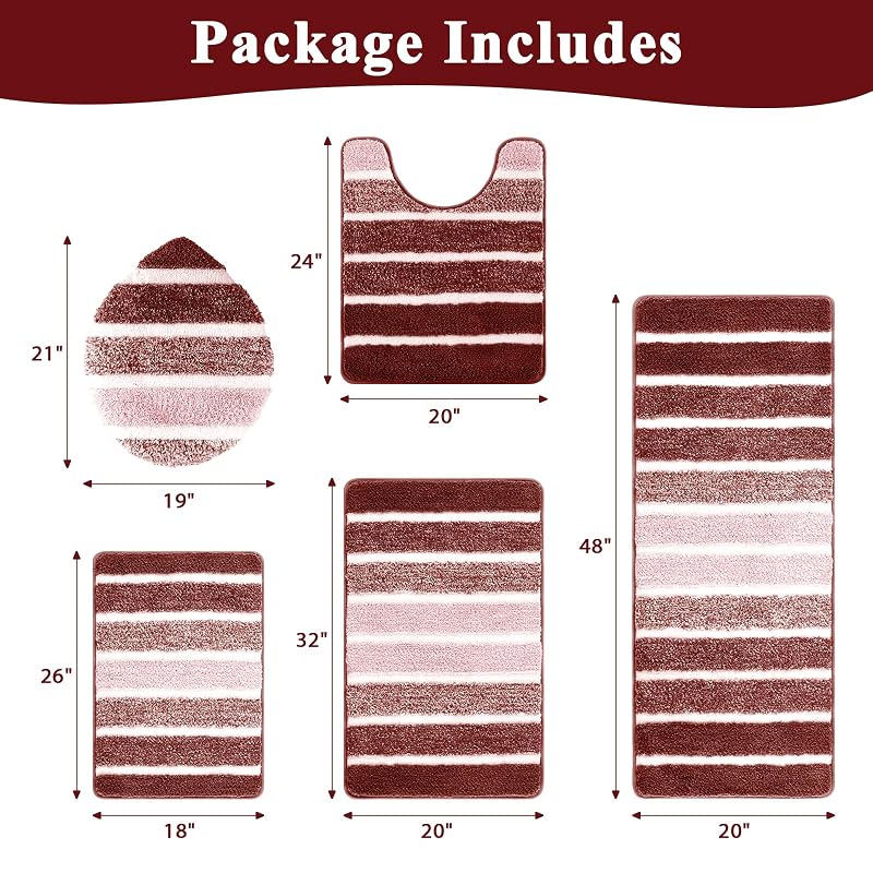 Christmas Bath Rug Set 5-Piece Non-Slip Red 18x26, 20x32, 20x48, U-Shape 20x24, Lid Cover 19x21