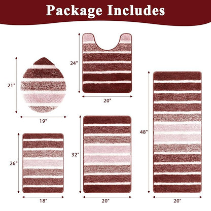 Christmas Bath Rug Set 5-Piece Non-Slip Red 18x26, 20x32, 20x48, U-Shape 20x24, Lid Cover 19x21