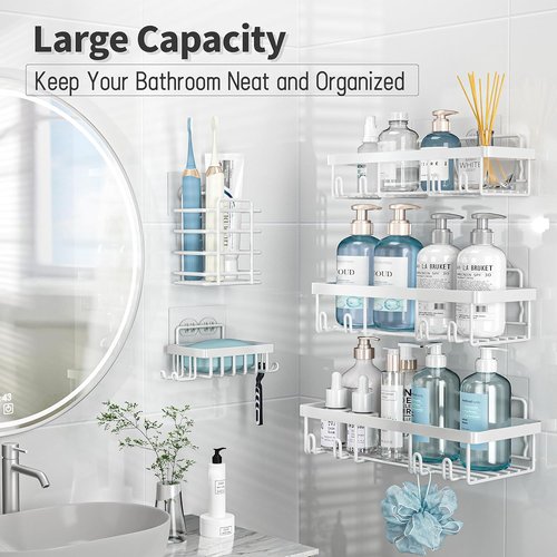 Liuoud Shower Caddy Organizer - Rustproof Stainless Steel Wall Storage Basket Set | 5 Pack, White