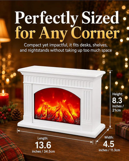 White Electric Fireplace Lantern with Realistic Flame Effect - Portable USB/Battery Powered