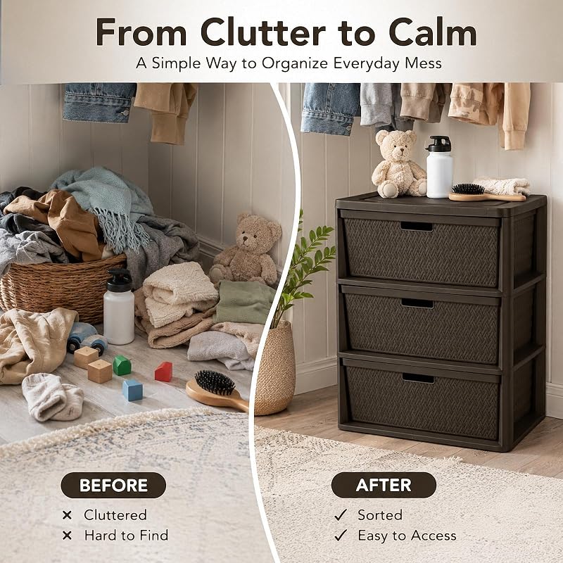 Wide 3-Drawer Decorative Organizer Chest Brown – Cross-Weave Storage Tower
