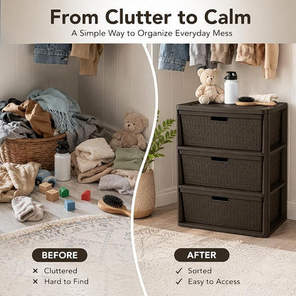 Wide 3-Drawer Decorative Organizer Chest Brown – Cross-Weave Storage Tower
