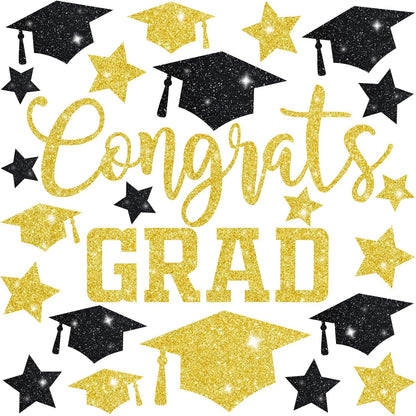 Whaline Glitter Graduation Window Clings - Double-Sided Black & Gold Grad Hat & Star Decor | 6 Sheets