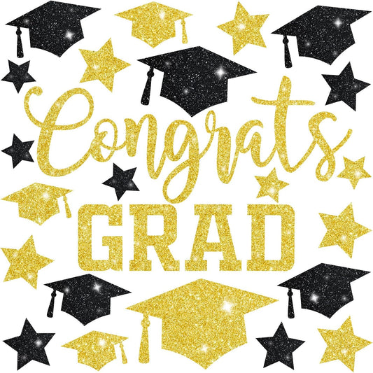 Whaline Glitter Graduation Window Clings - Double-Sided Black & Gold Grad Hat & Star Decor | 6 Sheets