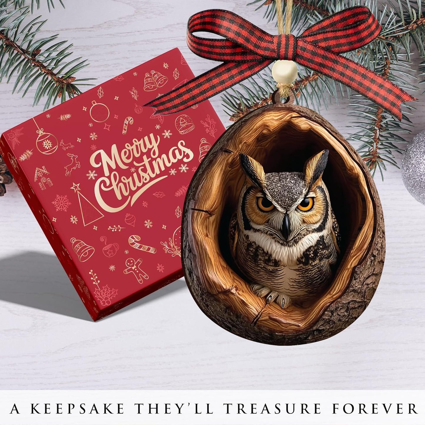 Skiennix Owl Ornaments - Realistic 3.54'' Flat Wood Decor for Christmas | Unique Gifts for Owl Lovers