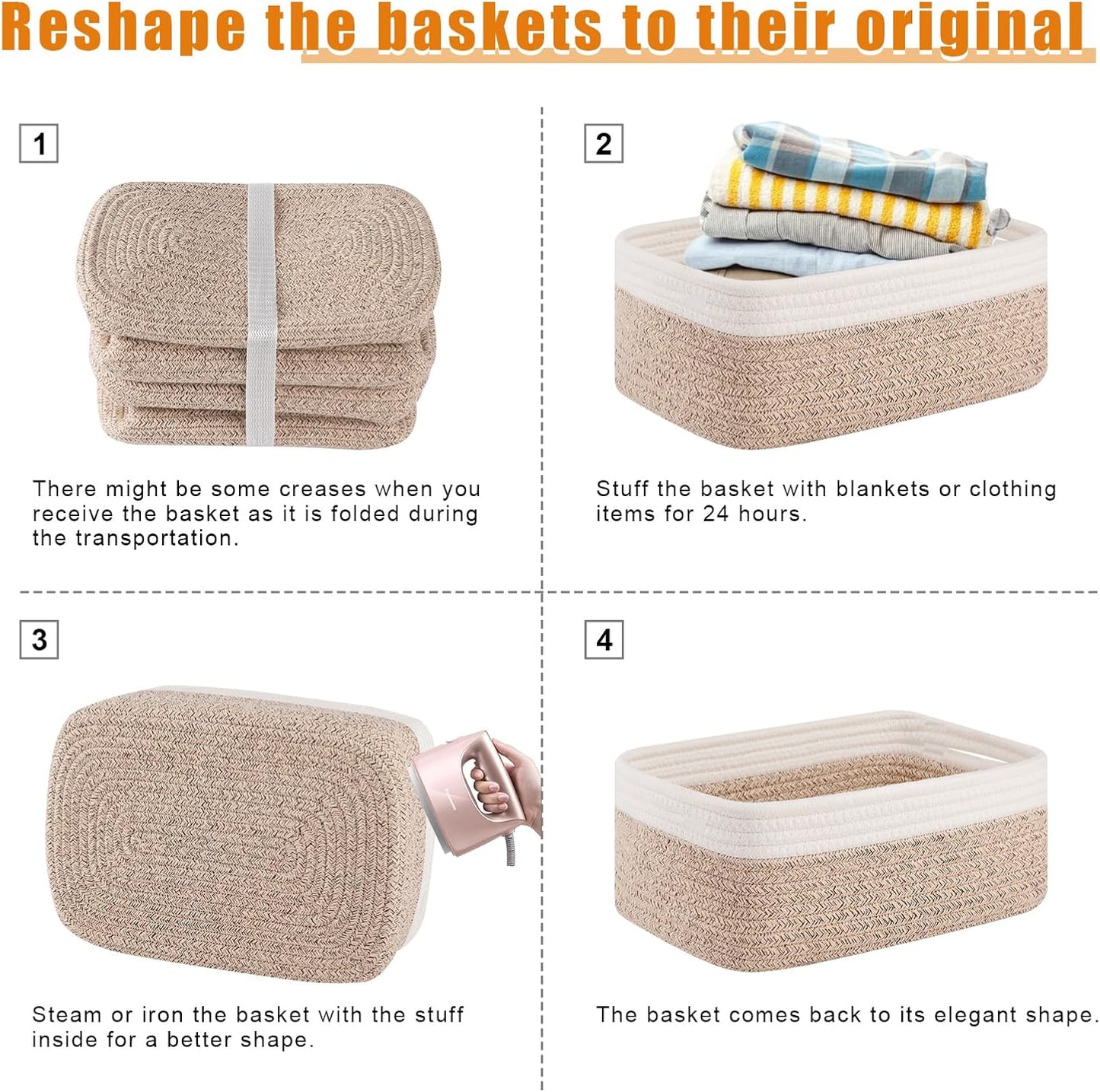 OIAHOMY Storage Baskets - 4 Pack Cute Decorative Organizers for Shelves | 11.8''L x 7.8''W x 4.7''H, Brown/White