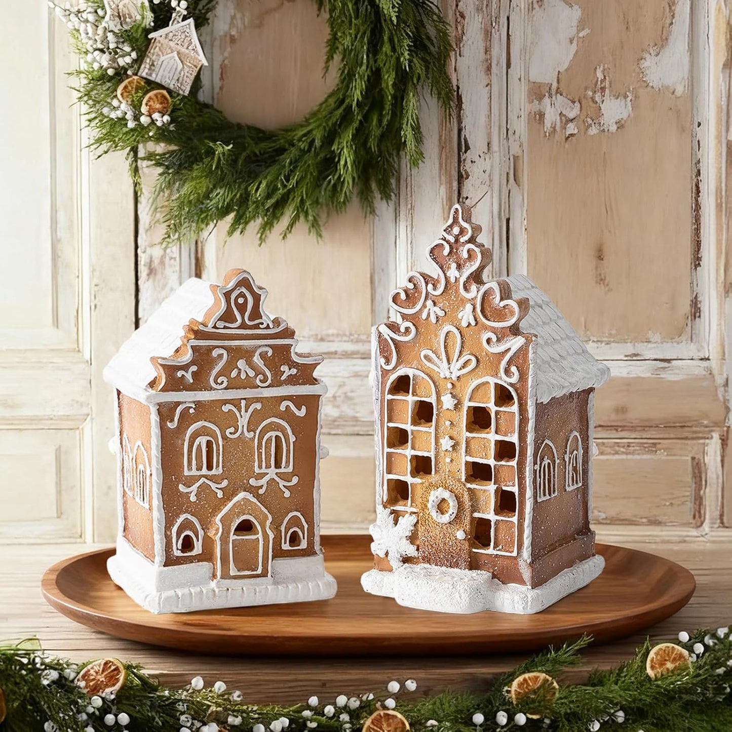 Skiennix Christmas Gingerbread Village House Figurines - Pre-Lit LED Table Decorations | 2-Piece Set
