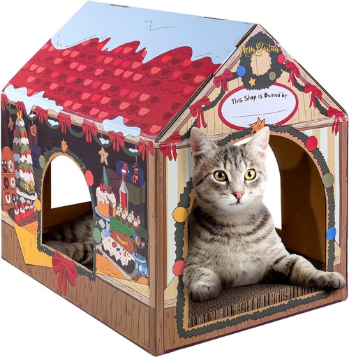LiBa Cardboard Cat House with Scratch Pad and Catnip, Cat Bed for Indoor Cats, Cat Scratcher, Cat Scratching Board Cat Gifts for Cats, Winter Market