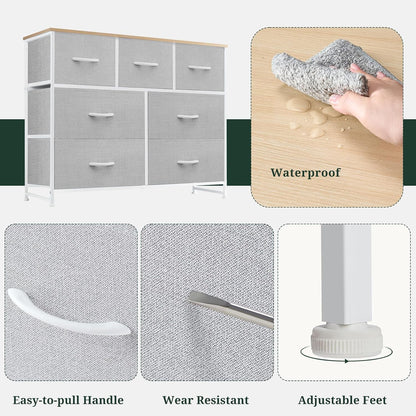 Skiennix 7-Drawer Dresser - Anti-Tip Fabric Storage Organizer with Wooden Top | Light Gray Finish