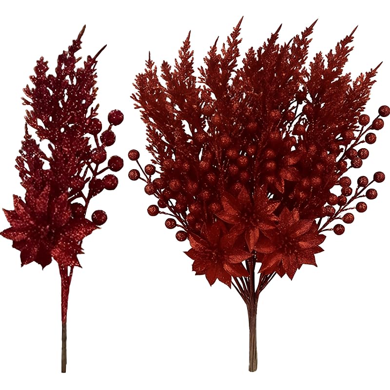 12 Pcs Glitter Christmas Picks Decoration Spray Pine - Burgundy (Variation: Burgundy)