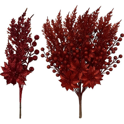 12 Pcs Glitter Christmas Picks Decoration Spray Pine - Burgundy (Variation: Burgundy)
