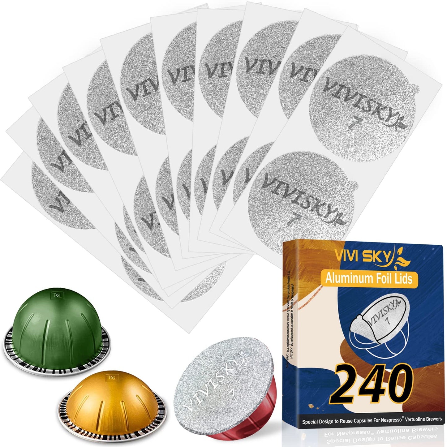 VIVI SKY 240Pcs Aluminum Foil Lids for Reusable Nespresso Pods Vertuoline, Coffee pods Seals Sticker Covers Compatible with Nespresso Vertuoline Pods Reusable Pods Refillable Capsules (240 Pack)