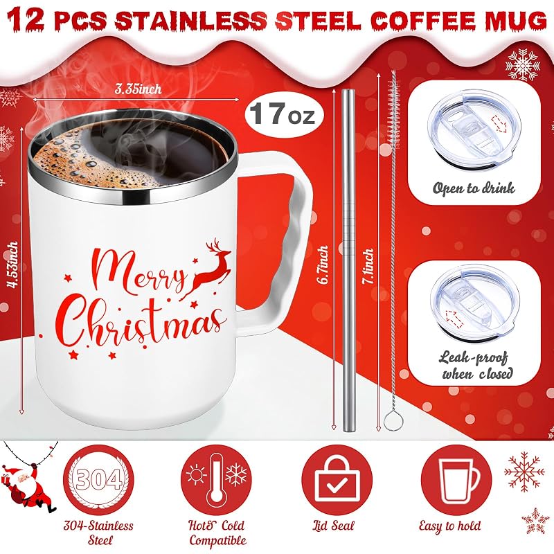 Umigy 12-Piece 17oz Christmas Coffee Mugs Set with Lids & Straws - Variation: Cute