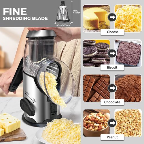 Airpro Rotary Cheese Grater - Versatile Vegetable Shredder with 3 Stainless Steel Blades & Suction Base
