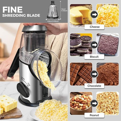 Airpro Rotary Cheese Grater - Versatile Vegetable Shredder with 3 Stainless Steel Blades & Suction Base