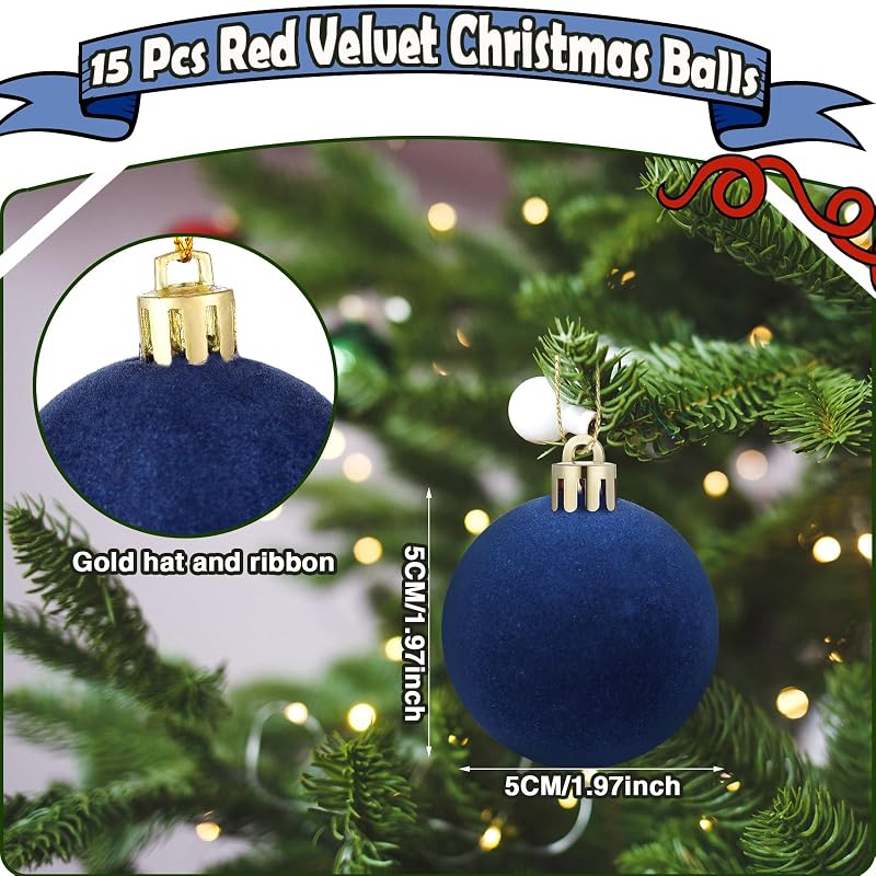 Menkxi 15 Pcs Blue Velvet Christmas Ornaments Ball 1.97'' - With Gold Buckle & Ribbon (Variation: Blue+15+Flocking Ball)