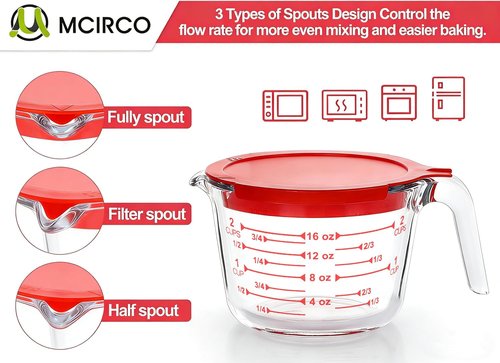 M MCIRCO Glass Measuring Cups Set - 6 Pcs with Lids | 1-Cup, 2-Cup, 4-Cup Nesting Jugs for Kitchen