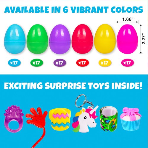 Giraffe 100 Pack Prefilled Easter Eggs Bulk - Multi Color Plastic Filled Easter Eggs for Kids with Toy Filled Slap Bracelets, LED Rings, Stickers - Easter Basket Stuffers for Kids