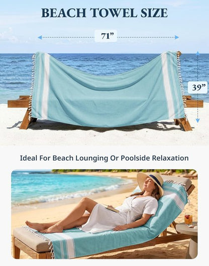 LANE LINEN Oversized Beach Towel - Quick Dry, Sand Free, Lightweight Travel Towel | 4 Pack, Aqua, 39"x71"