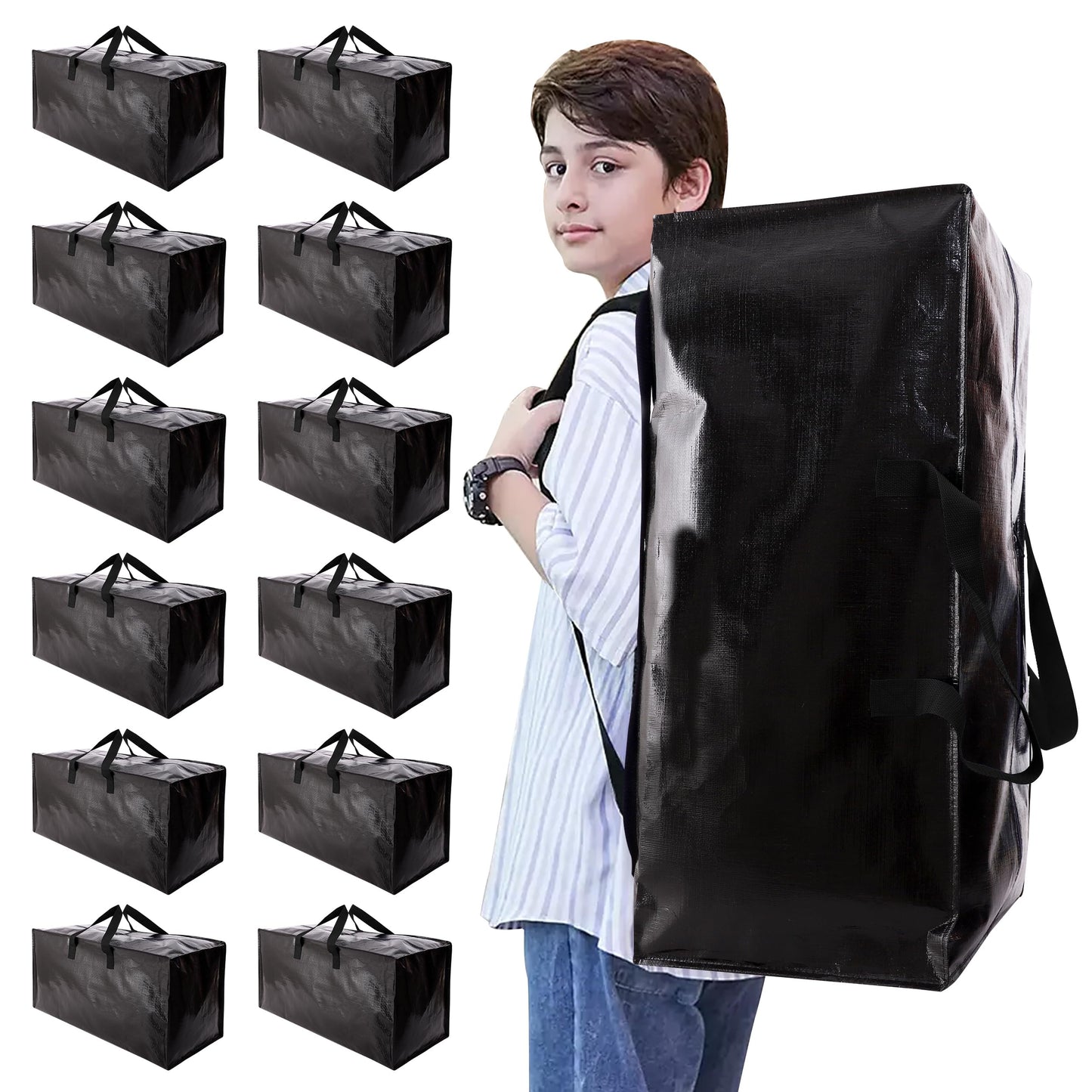 NATURELUX Heavy Duty Moving Bags with Backpack Straps and Strong Handles, Alternative to Moving Boxes and Storage Totes for Dorm Room Essentials, 12 Pack, Black