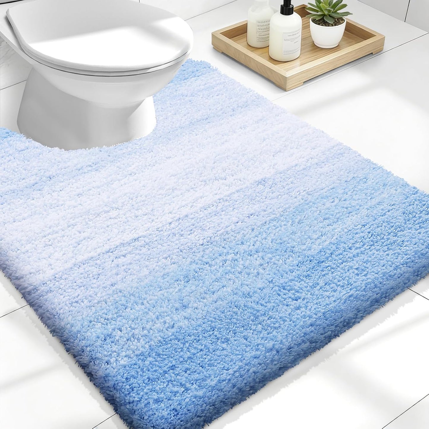 OLANLY Luxury U-Shaped Toilet Rugs - Extra Soft, Absorbent Microfiber Bath Mat, 24x20, Light Blue