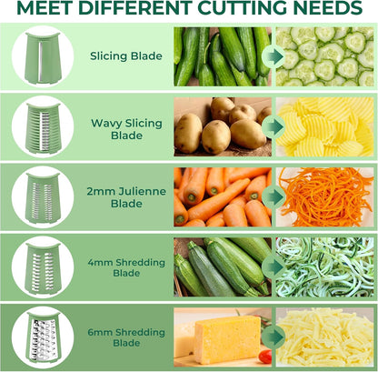 SUSTEAS Rotary Cheese Grater - Versatile Vegetable Shredder with 5 Blades & Strong Suction Base | Retro Green
