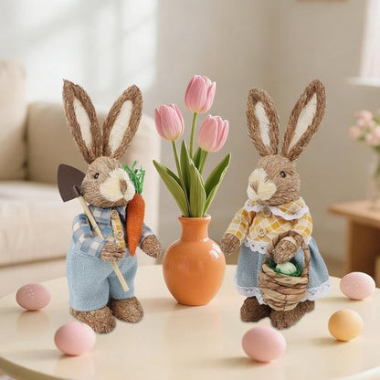 DR.DUDU Easter Decorations - Set of 2 Rustic 13" Bunny Figurines with Carrot | Spring Tabletop Decor