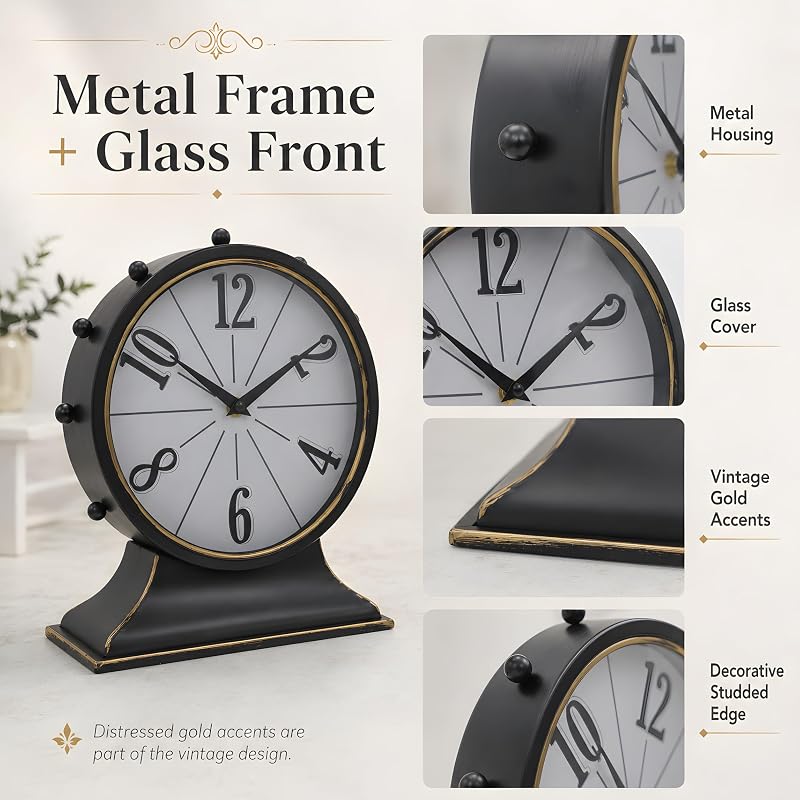 Large Vintage Mantel Clock - Black & Gold, Silent Metal Table Clock