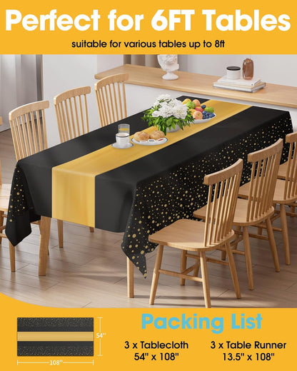 Niuara Table Cloth Set - Black and Gold Disposable Rectangle Table Cover & Runner | 3+3 Pack for Events