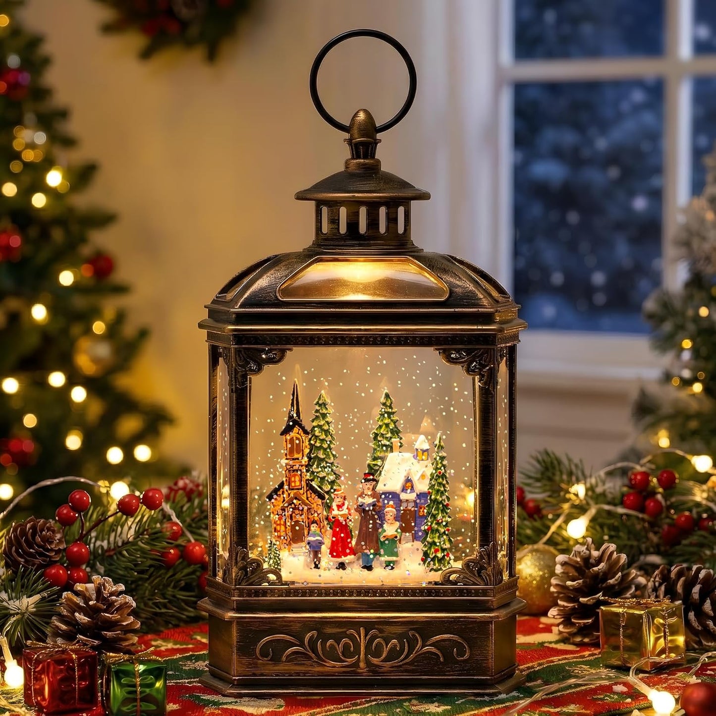 VISFLAIR Musical Snow Globe Lantern - Lighted Church Carolers Christmas Decoration | Battery Operated & USB Powered