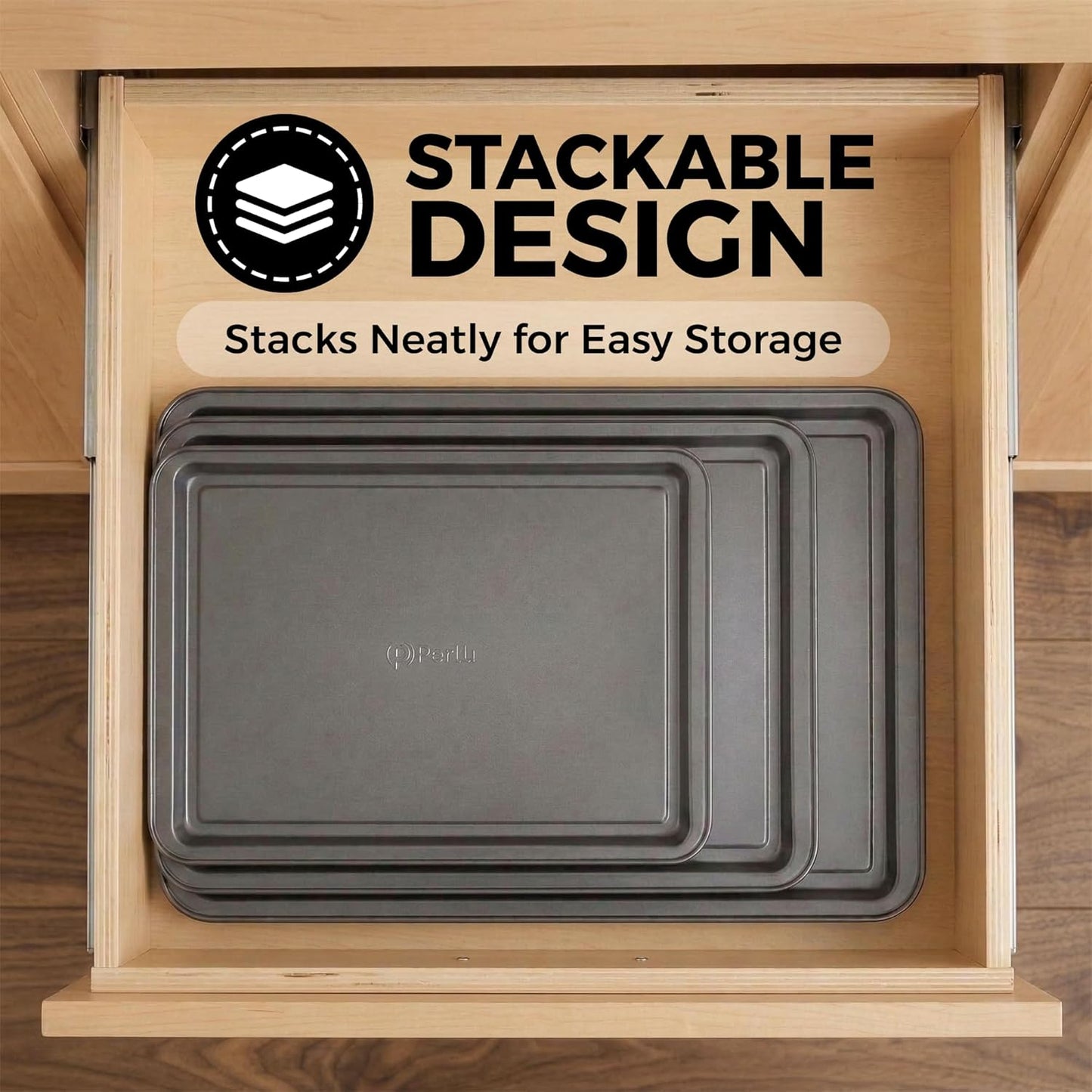 PERLLI Non-Stick Baking Pan Set | 3-Piece Carbon Steel with Even Heat Distribution, Oven Safe to 446°F, BPA-Free, Gray