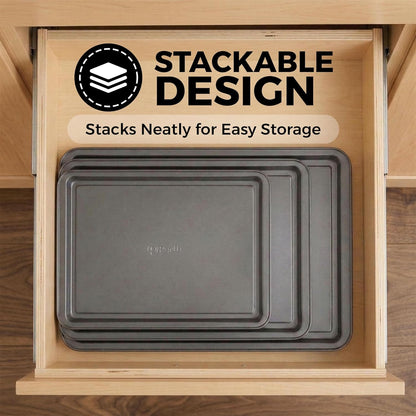 PERLLI Non-Stick Baking Pan Set | 3-Piece Carbon Steel with Even Heat Distribution, Oven Safe to 446°F, BPA-Free, Gray