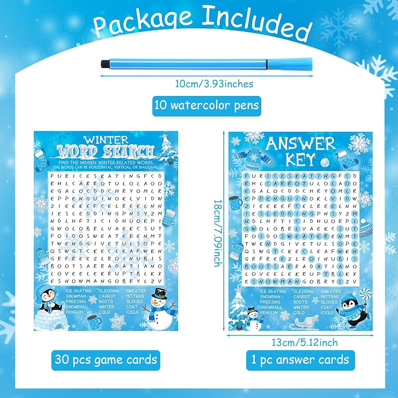 Capoda Winter Word Search Game Set – 41 Pcs, 30 Cards + 10 Pens, for Xmas Party (Variation: Winter)