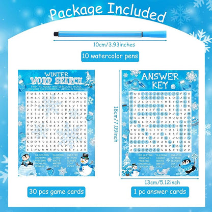 Capoda Winter Word Search Game Set – 41 Pcs, 30 Cards + 10 Pens, for Xmas Party (Variation: Winter)