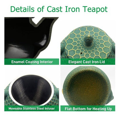 Cast Iron Tea Kettle Set, 33.8oz Hexagon Pattern Teapot Set with Cups, Teapot Coated with Enameled Interior, Durable Cast Iron Teapot Set with Stainless Steel Infuser