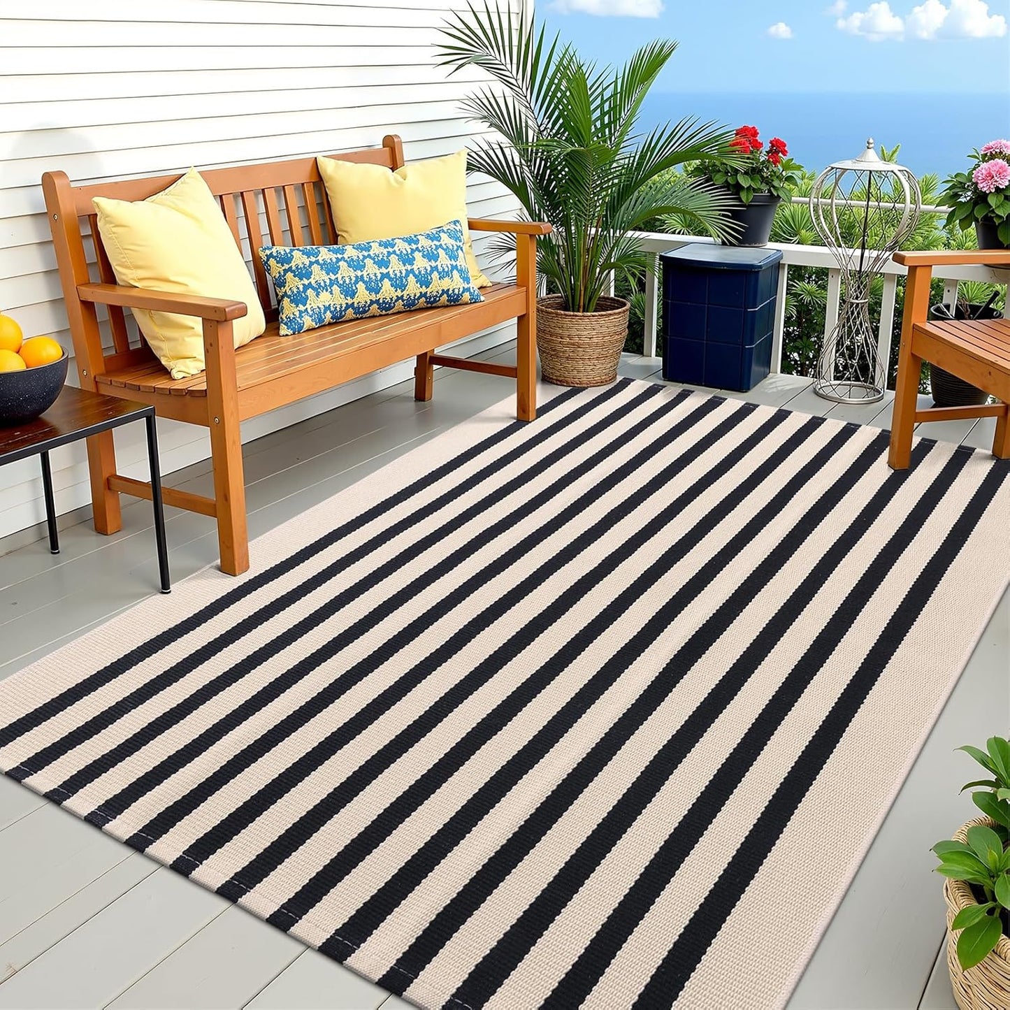 OLANLY Striped Rug - Washable Beige and Black Cotton Doormat | 4' x 6' for Indoor & Outdoor Use